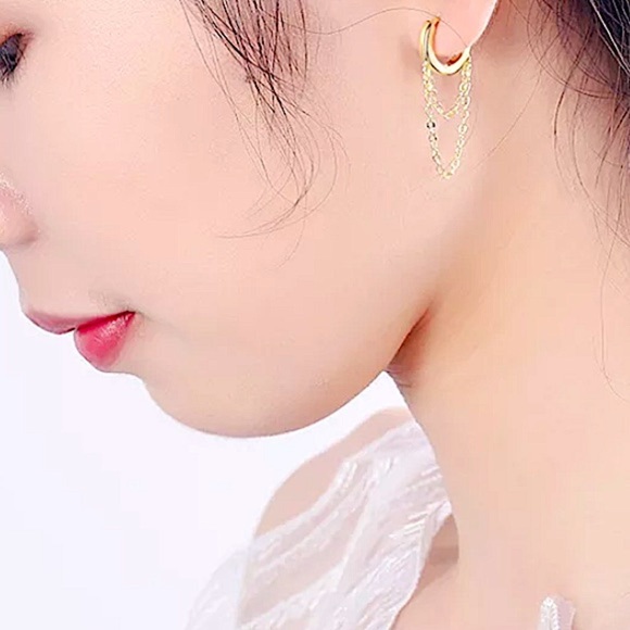 18K GOLD PLATED HOOP CHAIN DROP MINIMALIST EARRINGS - Picture 4 of 4